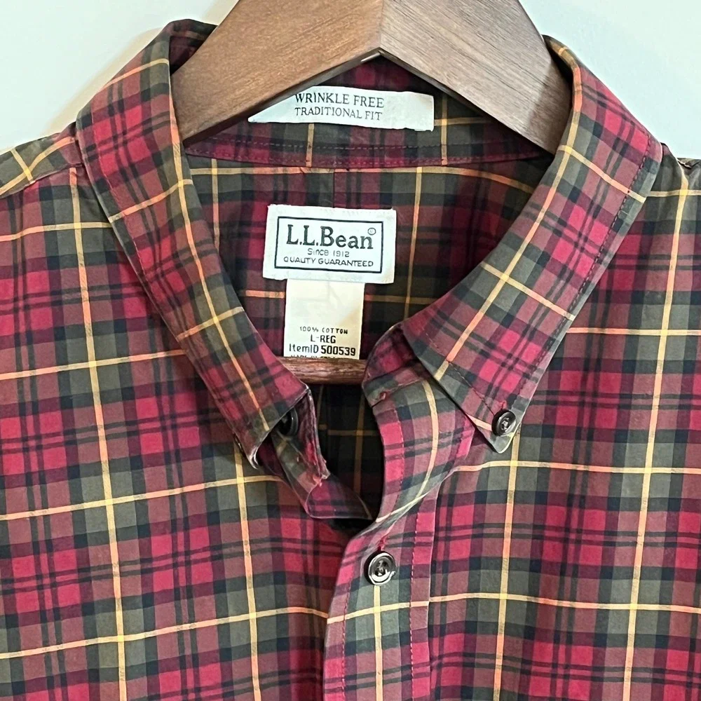 LL Bean Mens Wrinkle Free Traditional Fit Plaid Button Down Shirt L Reg